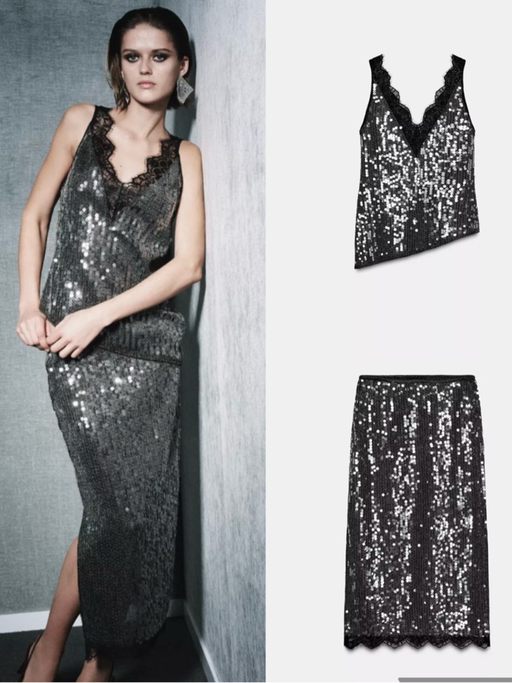 New 2pcs ZARA Sequin Lace Top & Skirt Set